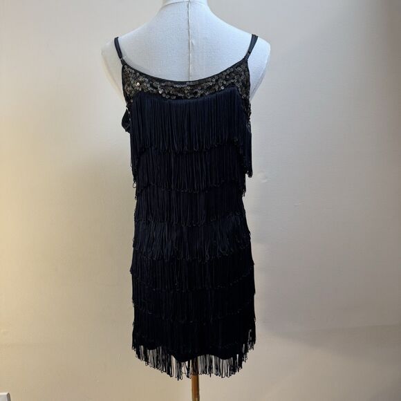 Vintage Forever 21 All Over Fringe + Sequin Mini Dress Black Size M - Picture 4 of 8